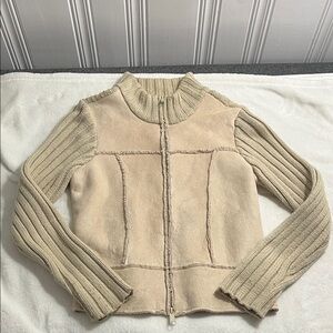 Beige Knit Sleeve Zip-Up Jacket